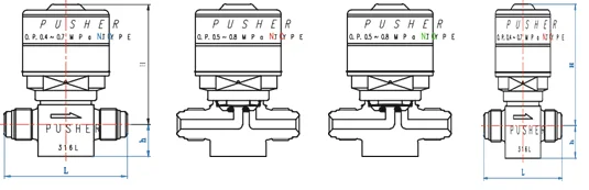 Pneumatic diaphragm valve PUSHER DV520H-NC -MV4-BA-LS 1/4"MVCR,SS316L,3000psig,N.C,BA class, with limit switch